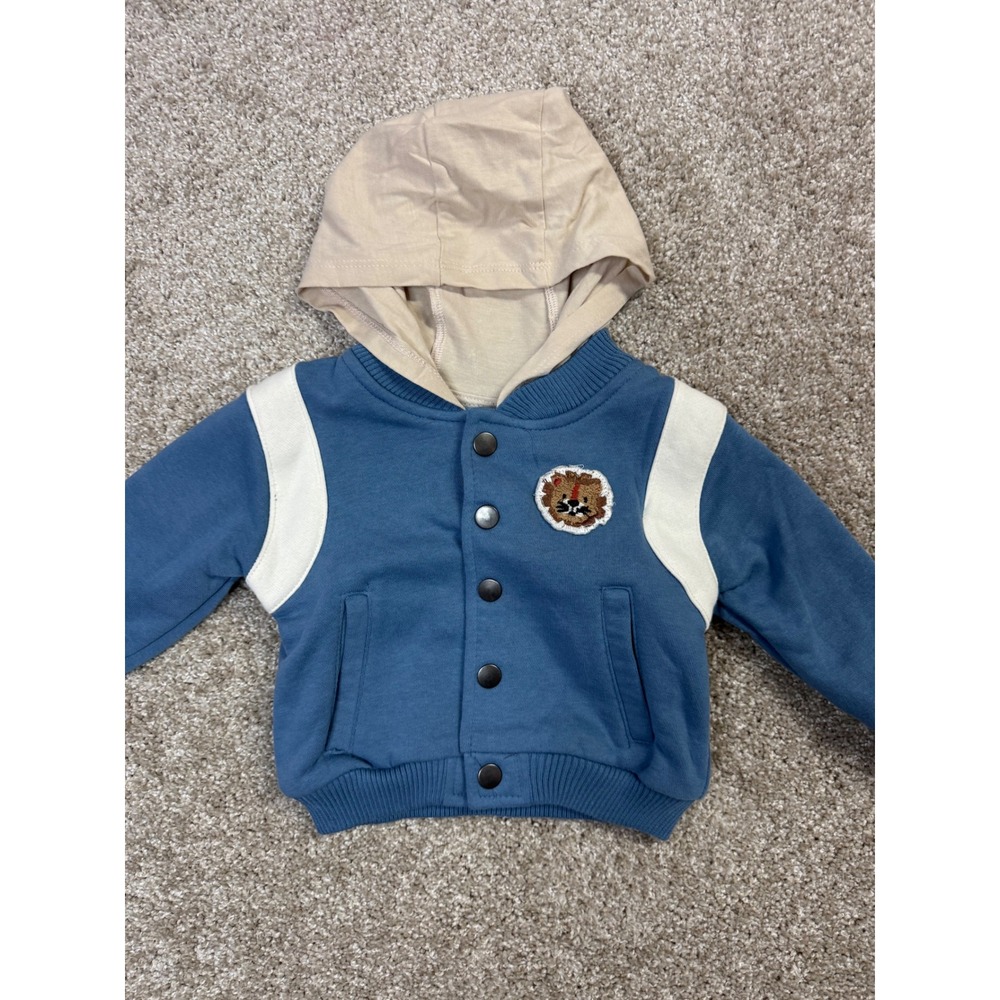Little Lad Baby Boy 3pc Set Blue Varsity Jacket Wild One Tee Brown Pants 6/9M